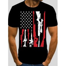 Men Casual Gun Star Print Black T-shirt